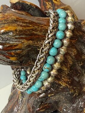 Lucky Brand Faux Turquoise Bead & Silver Chain Women’s Wrap Bracelet
